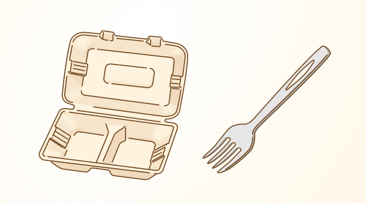 バガス容器（さとうきび由来のエコ素材容器）と軽量化カトラリー